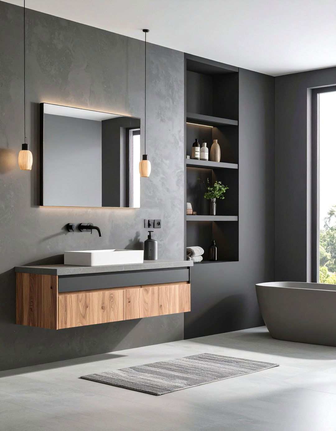 Seamless Grey Microcement Bathroom With Black Accents - 20 Black and Grey Bathroom Ideas