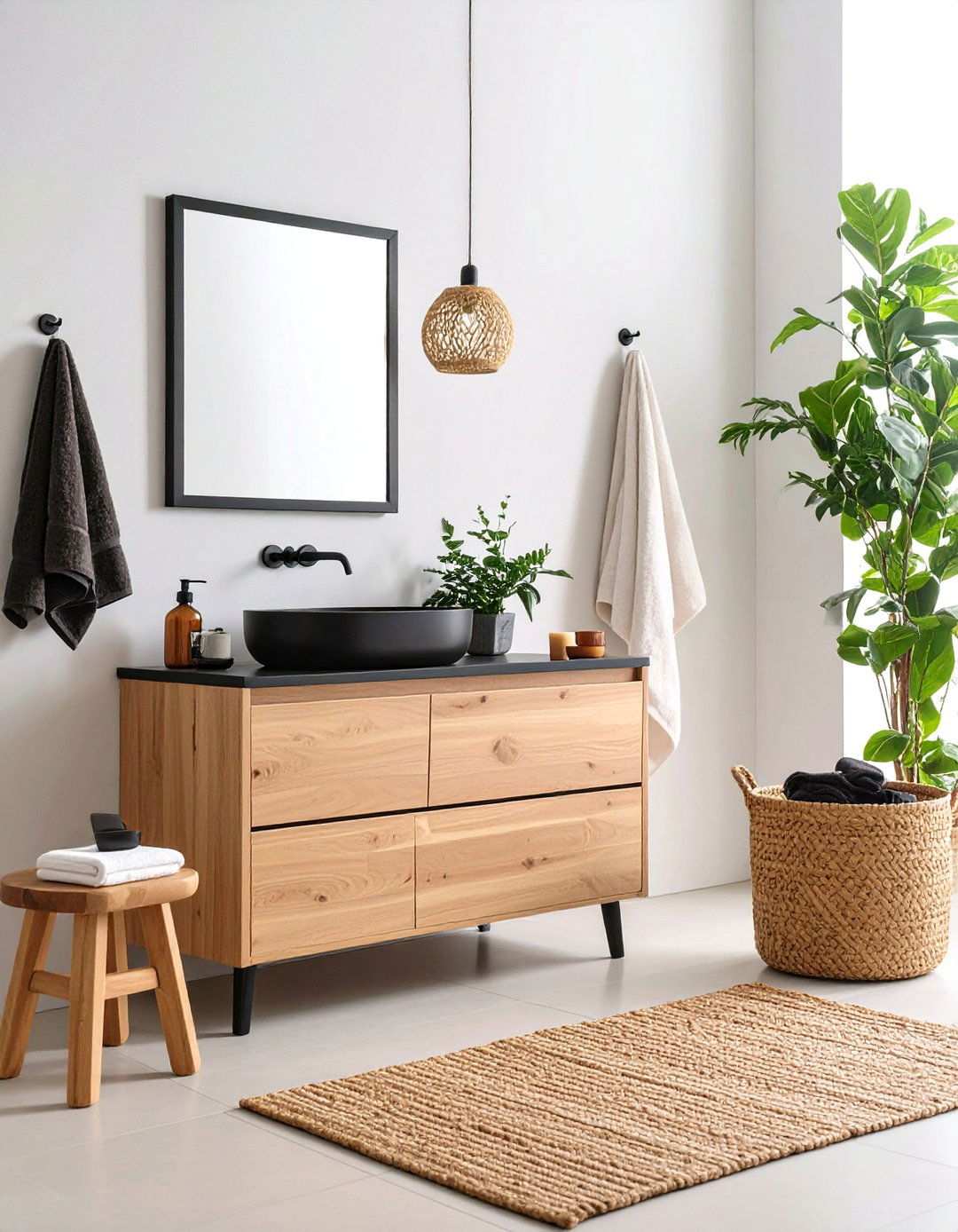 Seasonal Refresh Swappable Black Hardware and Wooden Decor - 20 Black and Wood Bathroom Ideas