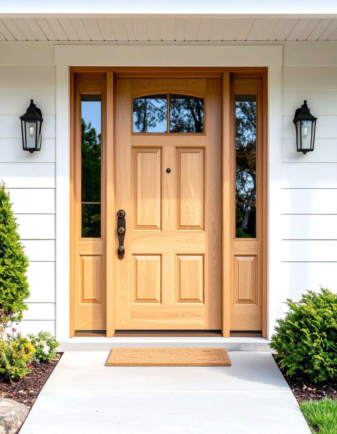 Show Stopping Solid Wood Front Door in a Black Entry - 20 Black House With Wood Accents