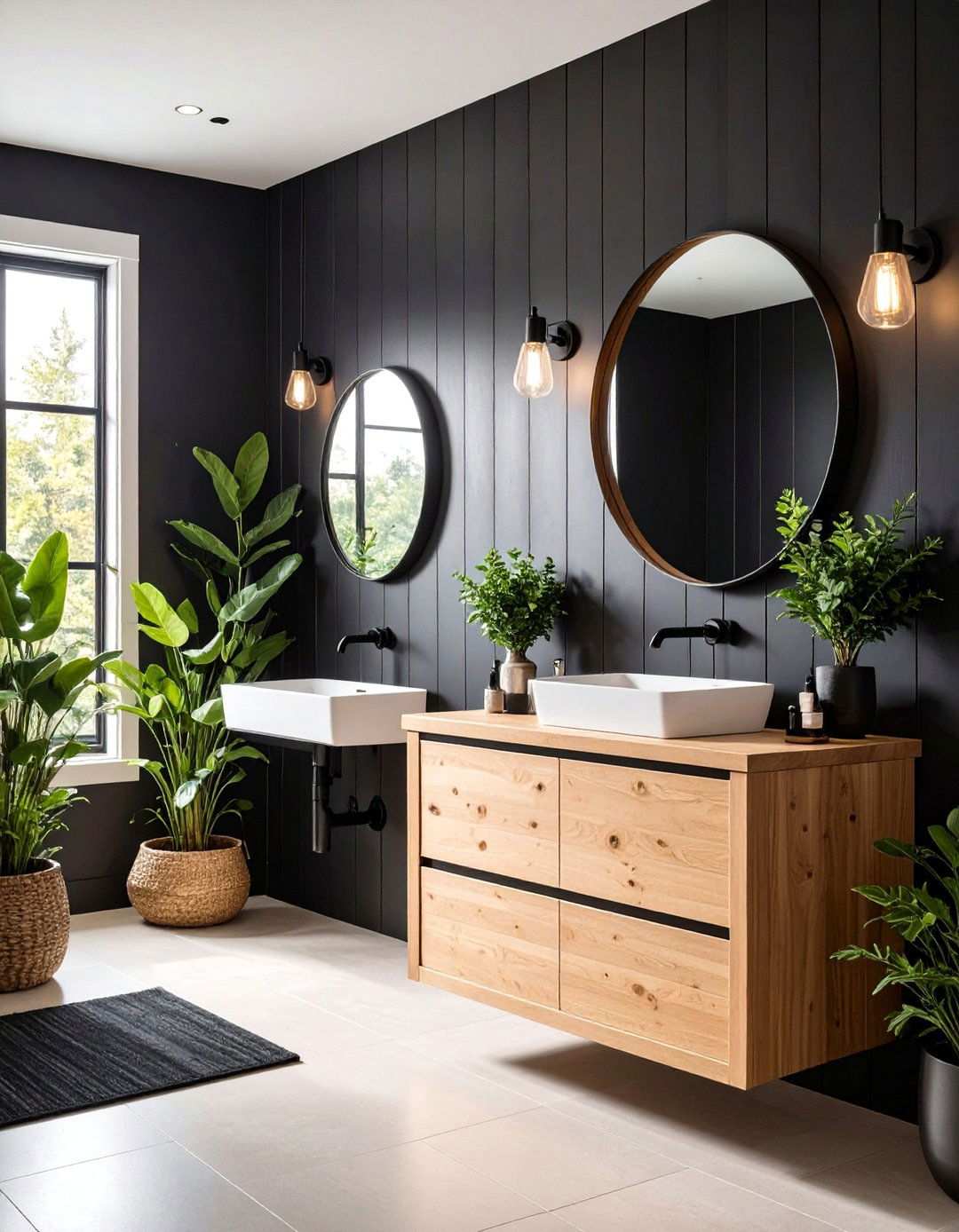 Small Powder Room in Black Shiplap and Maple - 20 Black and Wood Bathroom Ideas
