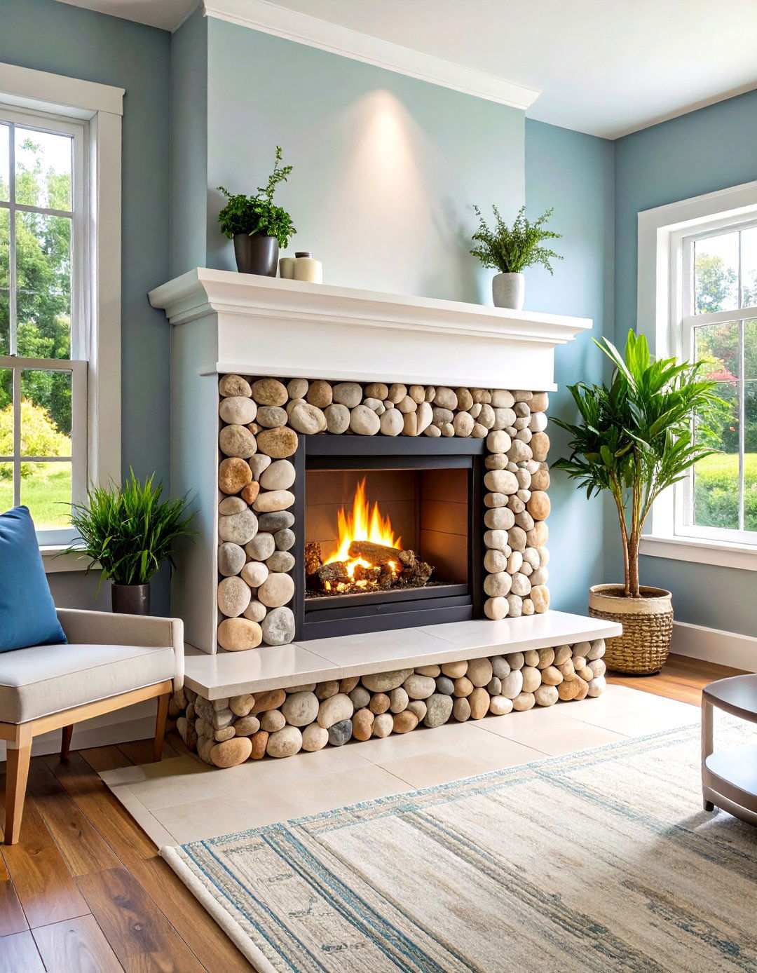 Small River Rock Fireplace Accent with Tile Surround - 20 River Rock Fireplace Ideas