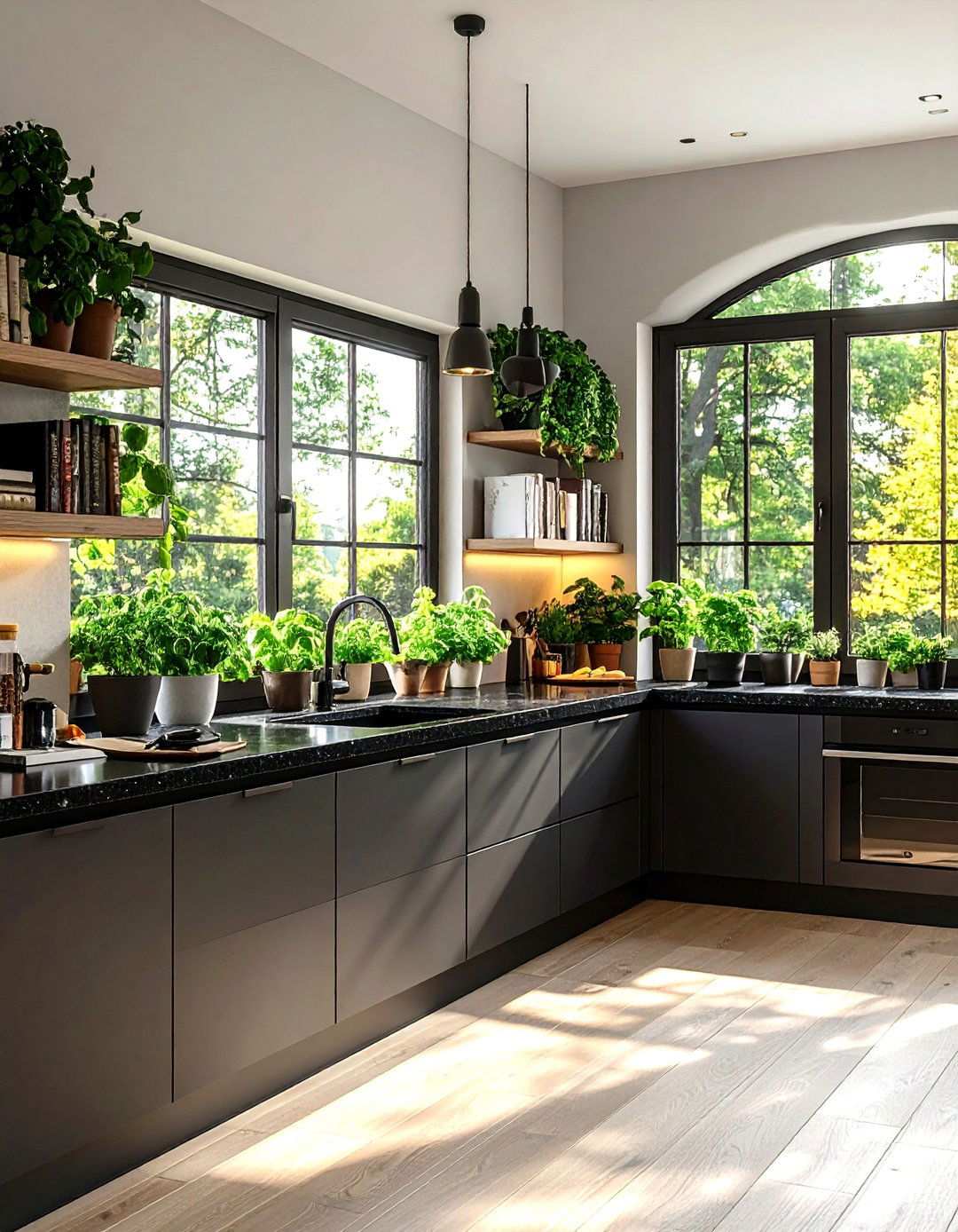 Smart Storage Along the Windowsill - 20 Black Granite Countertops Kitchen Ideas