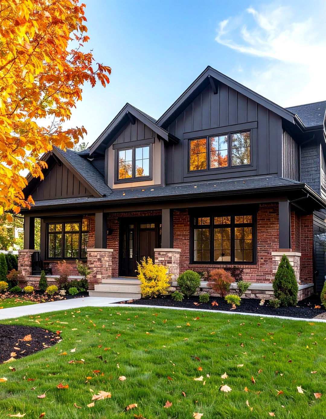 Soft Black with Brick Contrast - 20 Black House Exteriors & Paint Colors