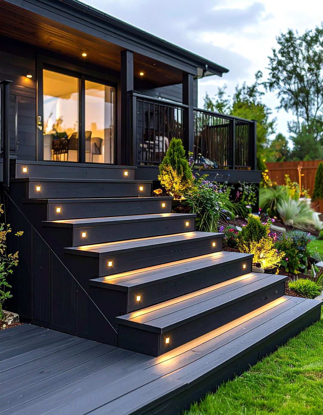 Solar Lit Black Staircase - 20 Black Deck Ideas
