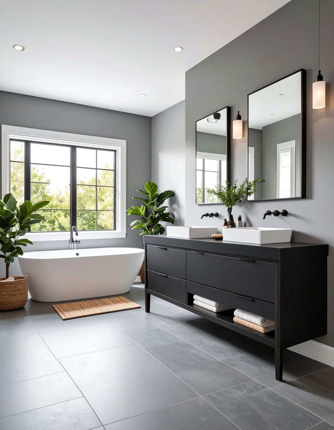 Sophisticated Bathroom with Black Countertops and Gray Walls - 20 bathroom with black countertops ideas