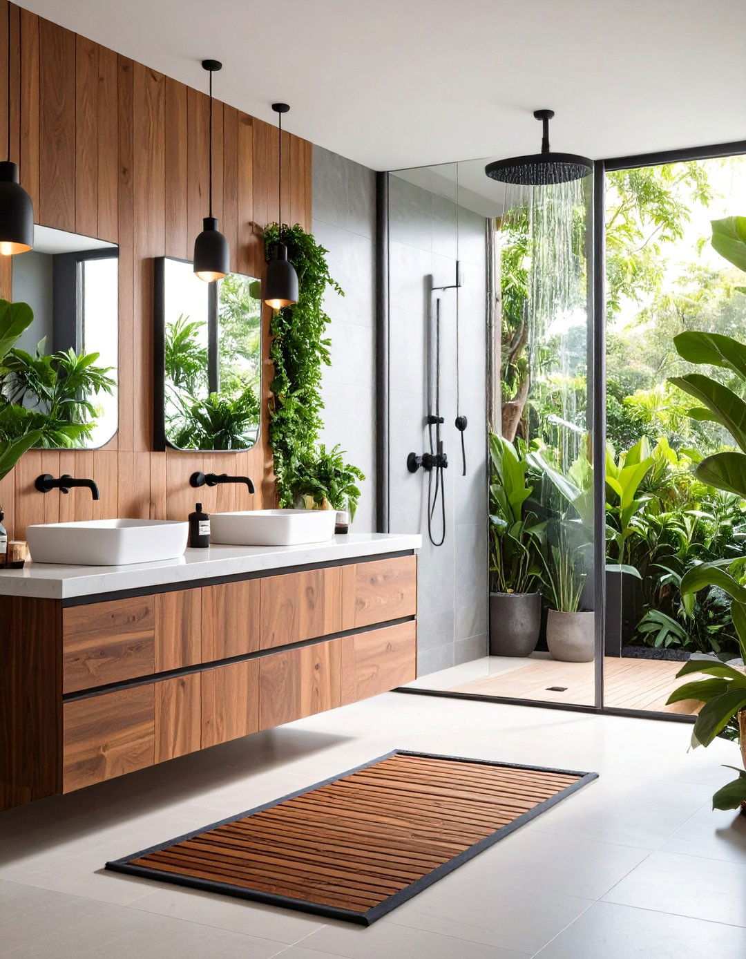 Spa Feel with Black Fixtures against Warm Walnut - 20 Black and Wood Bathroom Ideas