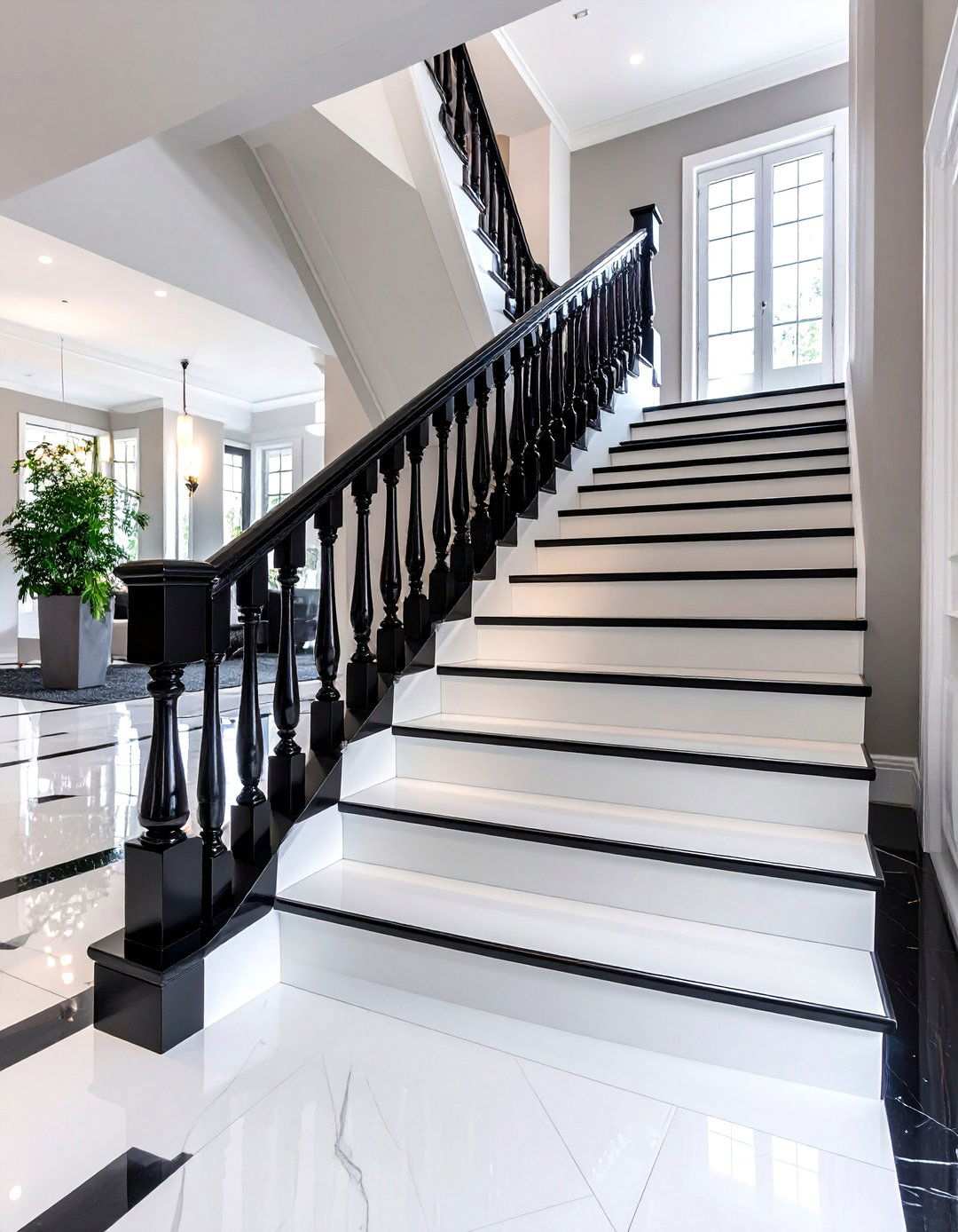 Staircase Contrast Dark Rails Light Risers - 20 Black and White Hallway Ideas