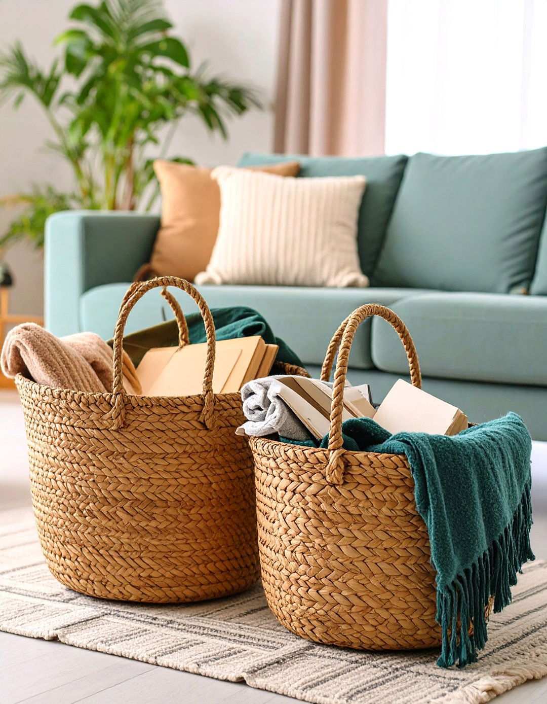 Stash Throws in Wicker Baskets for Casual Living Room Order - 20 Beach House Living Room Ideas