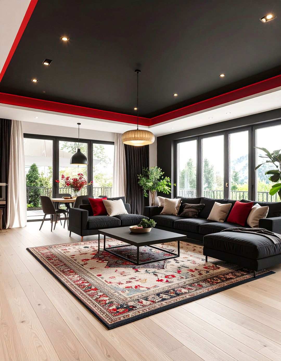 Statement Black Ceiling with Red Trim - 20 Black and Red Living Room Ideas