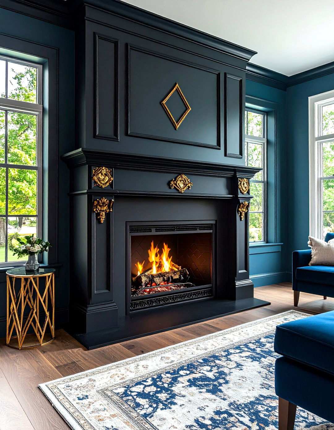 Statement Fireplace Finished in Black and Brass - 20 Black and Gold Living Room Ideas