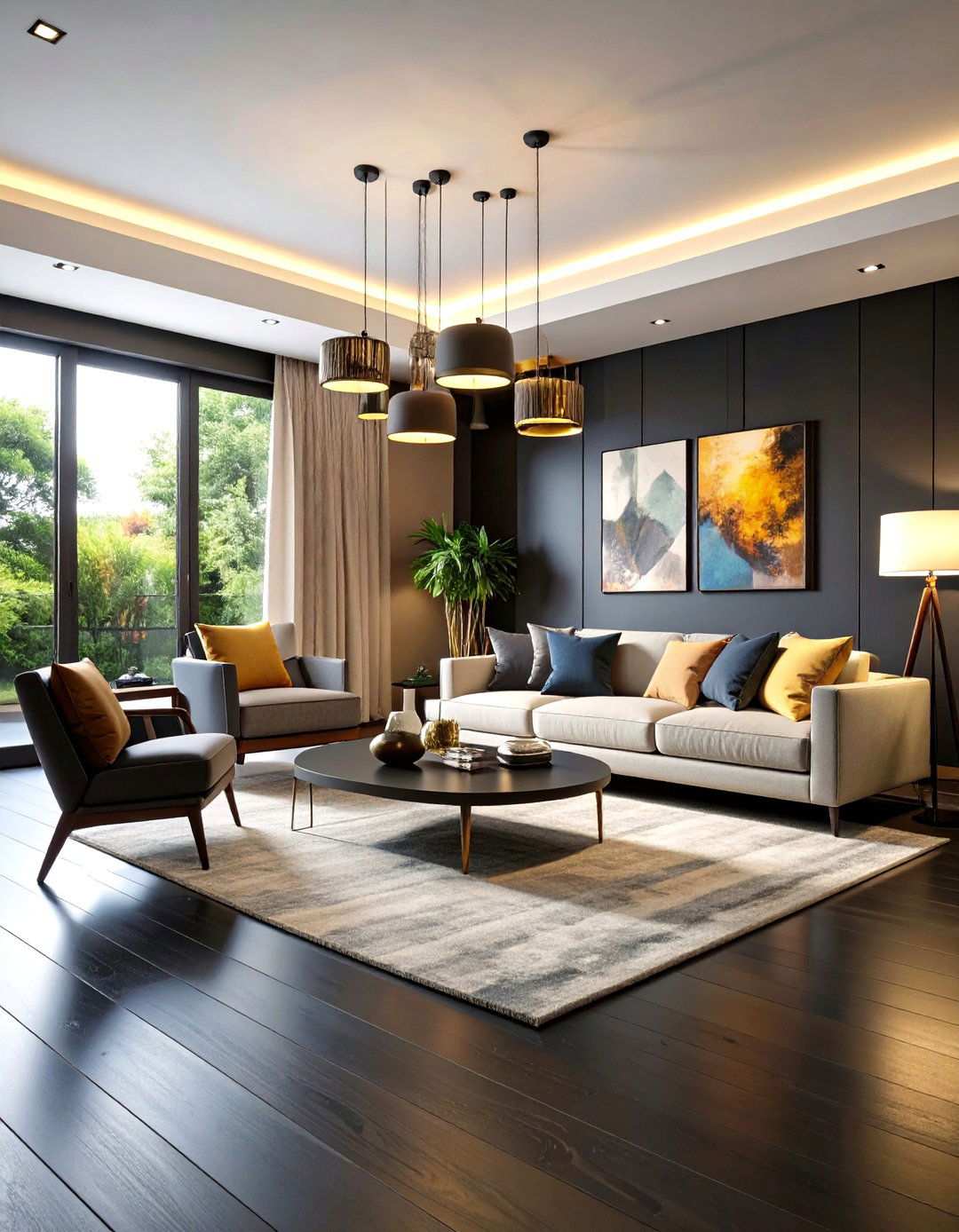 Statement Lighting Layers - 20 Black Floor Living Room Ideas