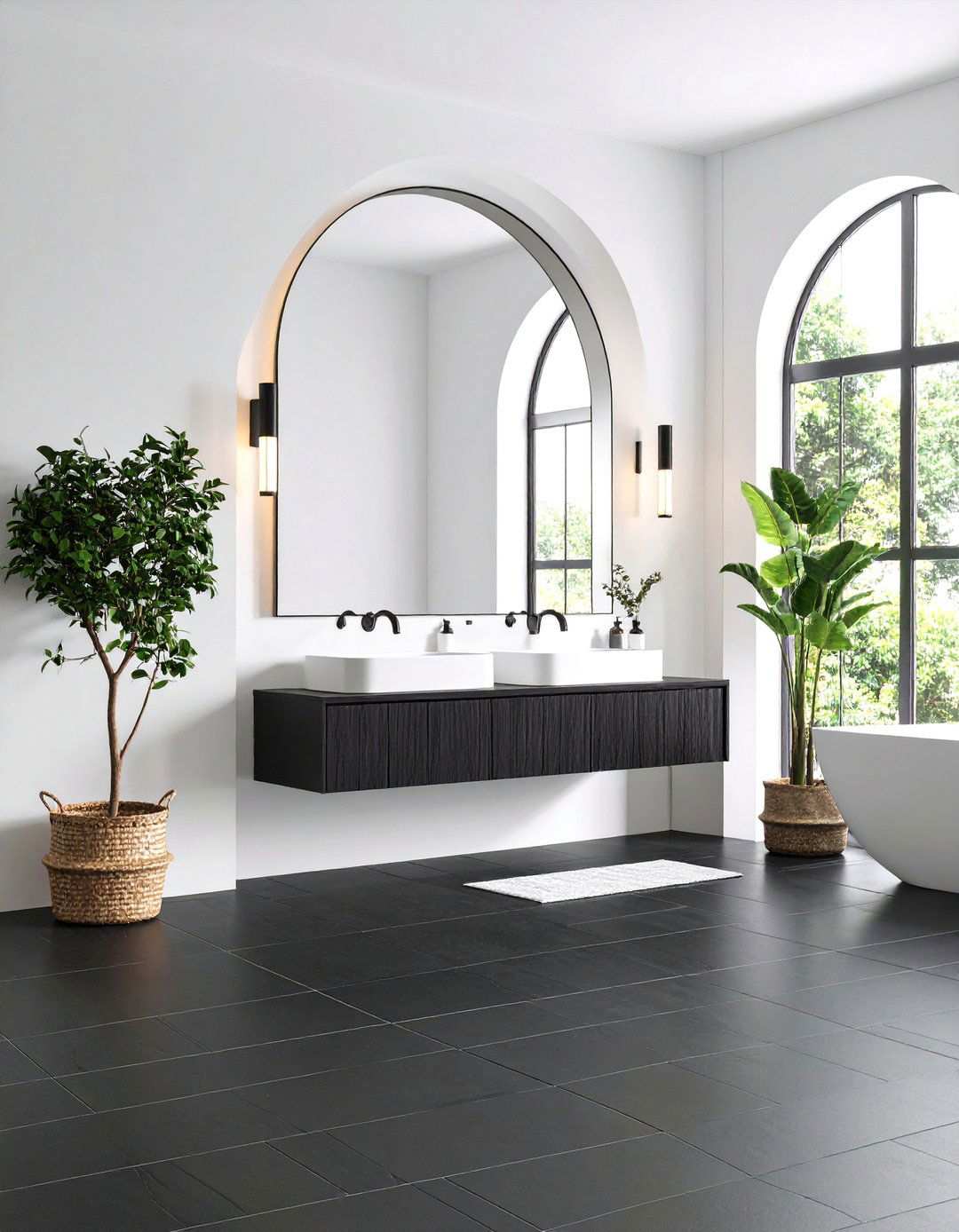 Statement Mirror Amplifies Space in a Black Floor Bathroom - 20 Black Floor Bathroom With White Walls Ideas