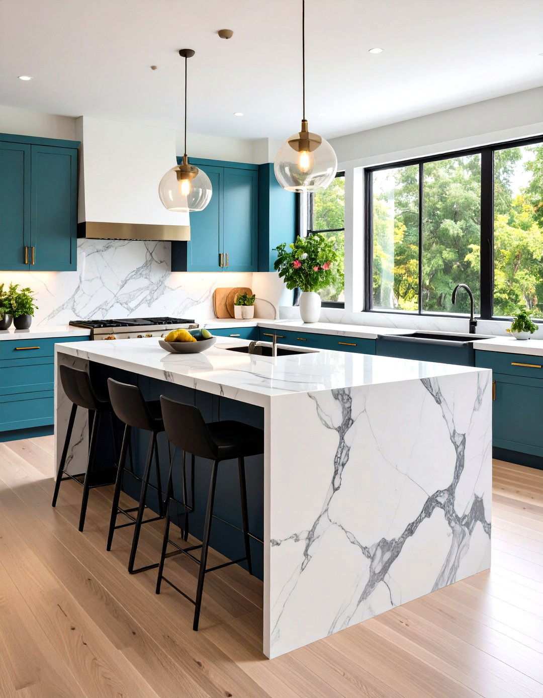 Statement Veined Island Steals the Show - 20 Black and White Kitchen Ideas