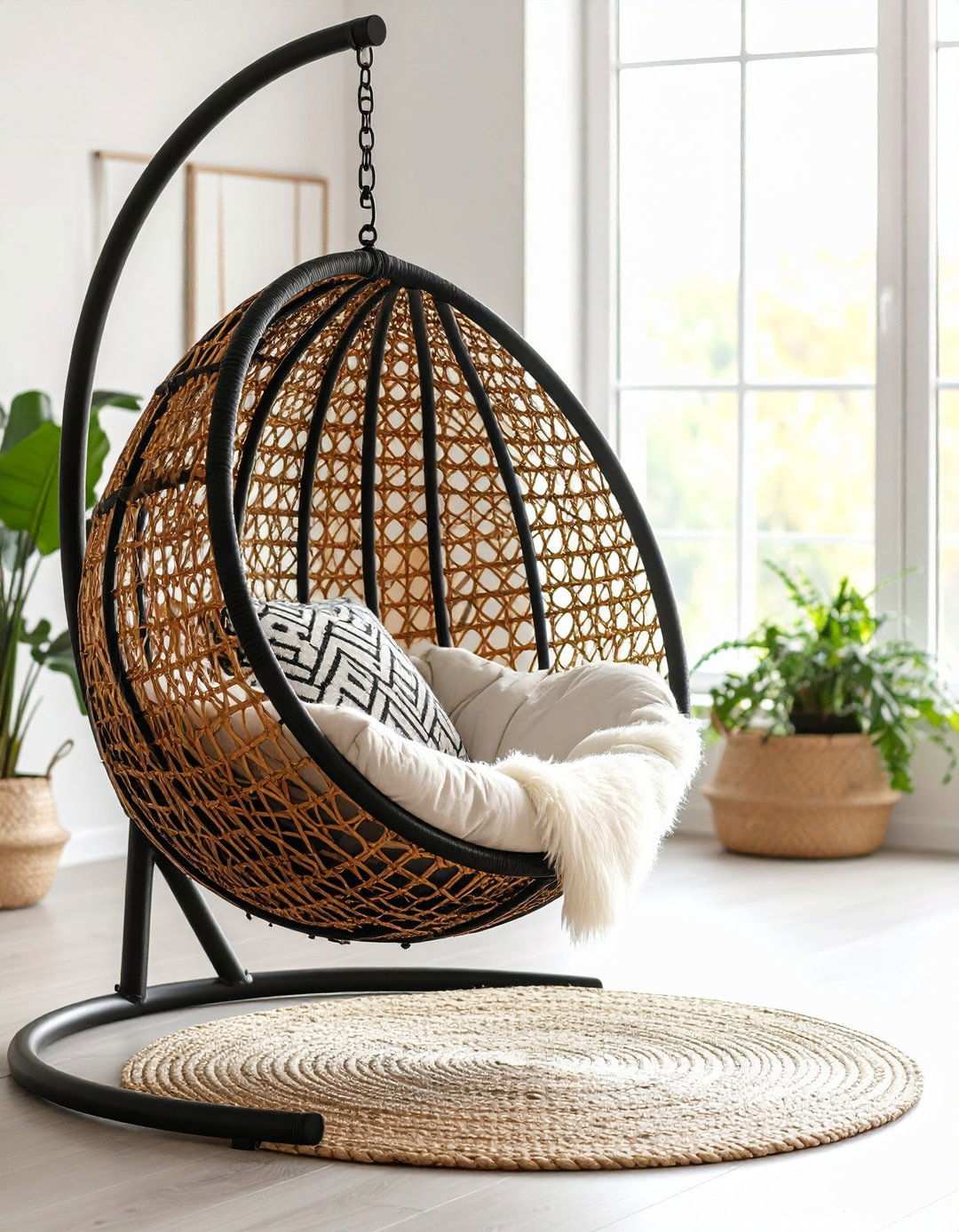Statement Wicker Hanging Chair - 20 Black Boho Living Room Ideas
