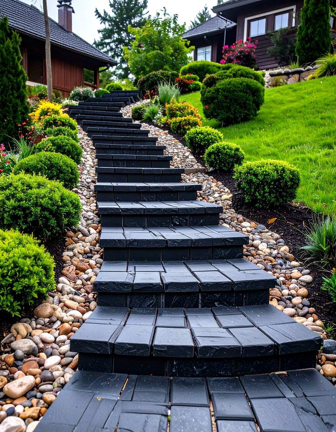 Stepped Black Brick Walkway for Sloped Areas - 20 Black Brick Walkway Ideas
