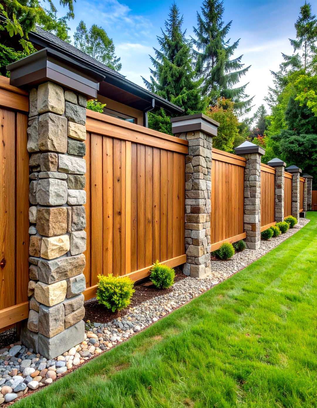 Stone and Wood Hybrid Backyard Fence - 20 Backyard Fence Ideas
