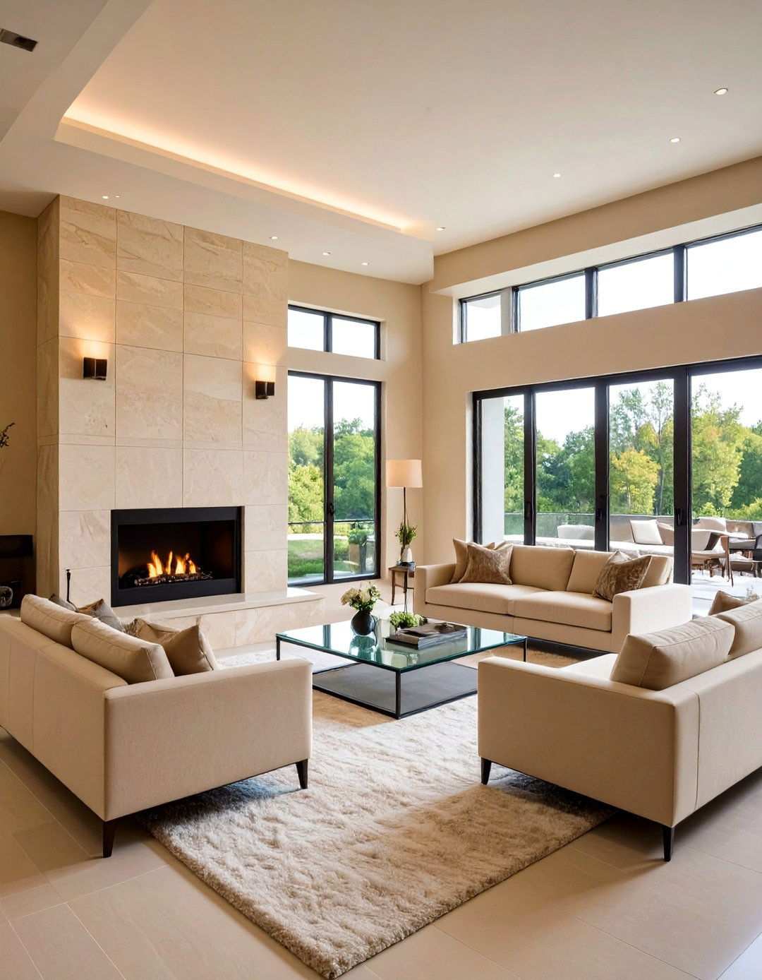 Stone Fireplace Anchors a Beige Living Room - 20 Beige Living Room Ideas