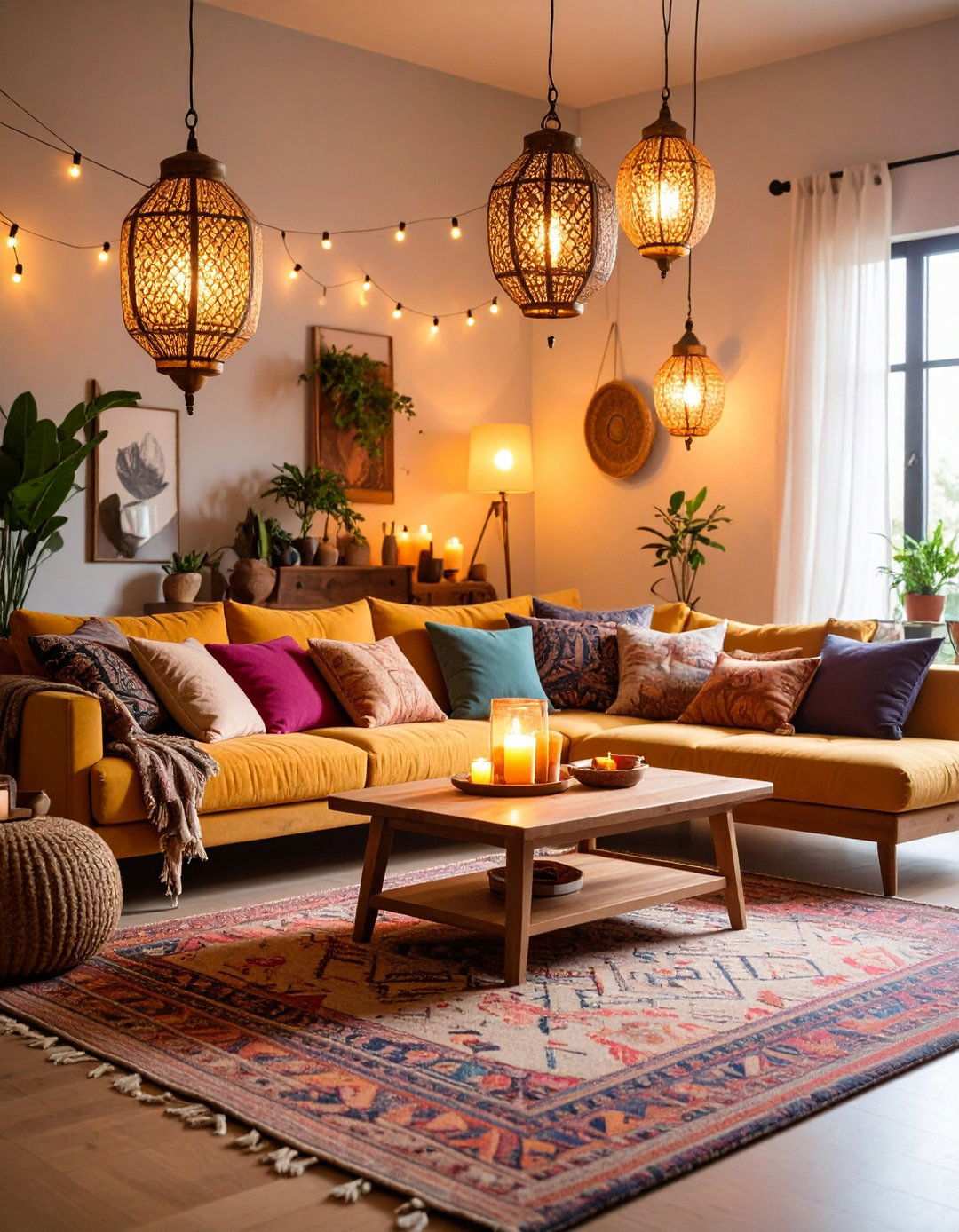 String Lights and Lanterns for Layered Glow - 20 Black Boho Living Room Ideas