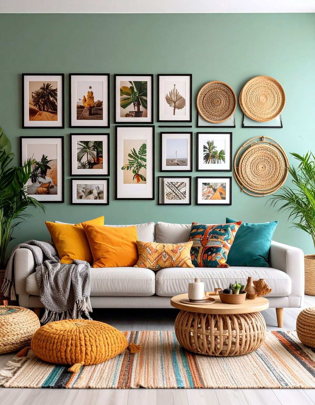 Style an Eclectic Gallery Wall in a Black and White Boho Living Room - 20 Black and White Boho Living Room Ideas