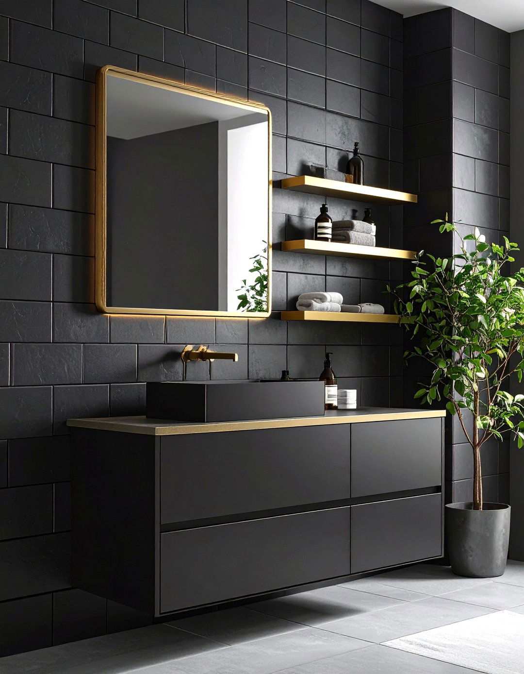 Subway Tile with Luxe Brass Trim - 20 Black and Gold Bathroom Ideas