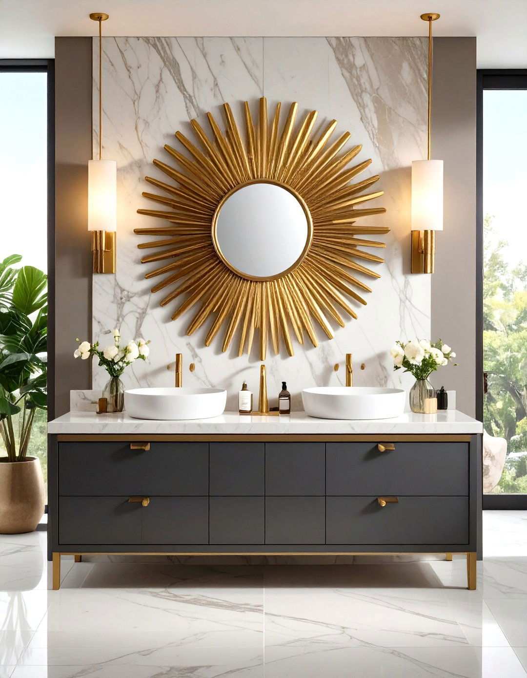 Sunburst Mirrors as Focal Points - 20 Art Deco Bathroom Ideas