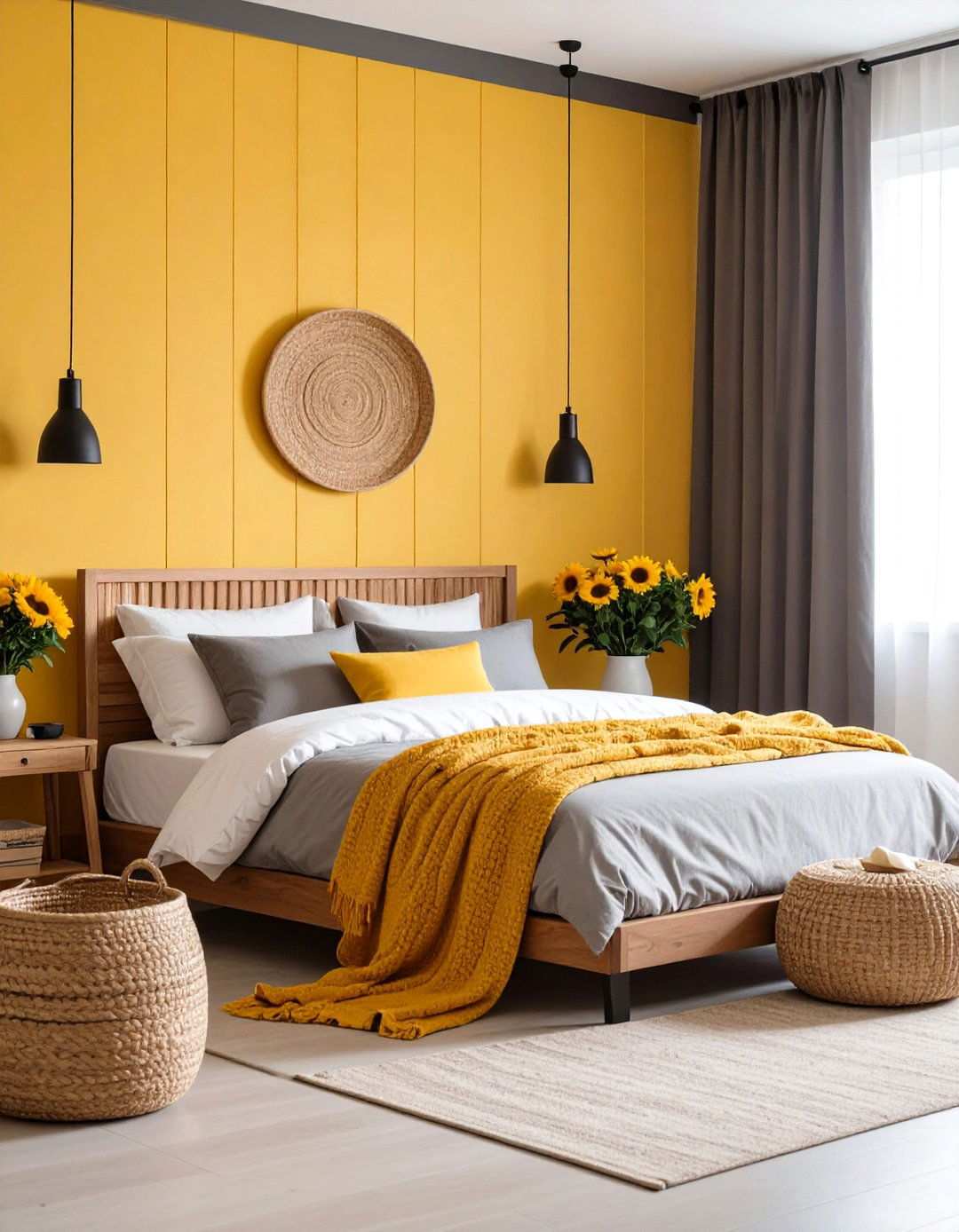 Sunflower Yellow and Olive Gray Bedroom Painting Accent Stripes - 20 Bedroom Painting Ideas With Two Colors