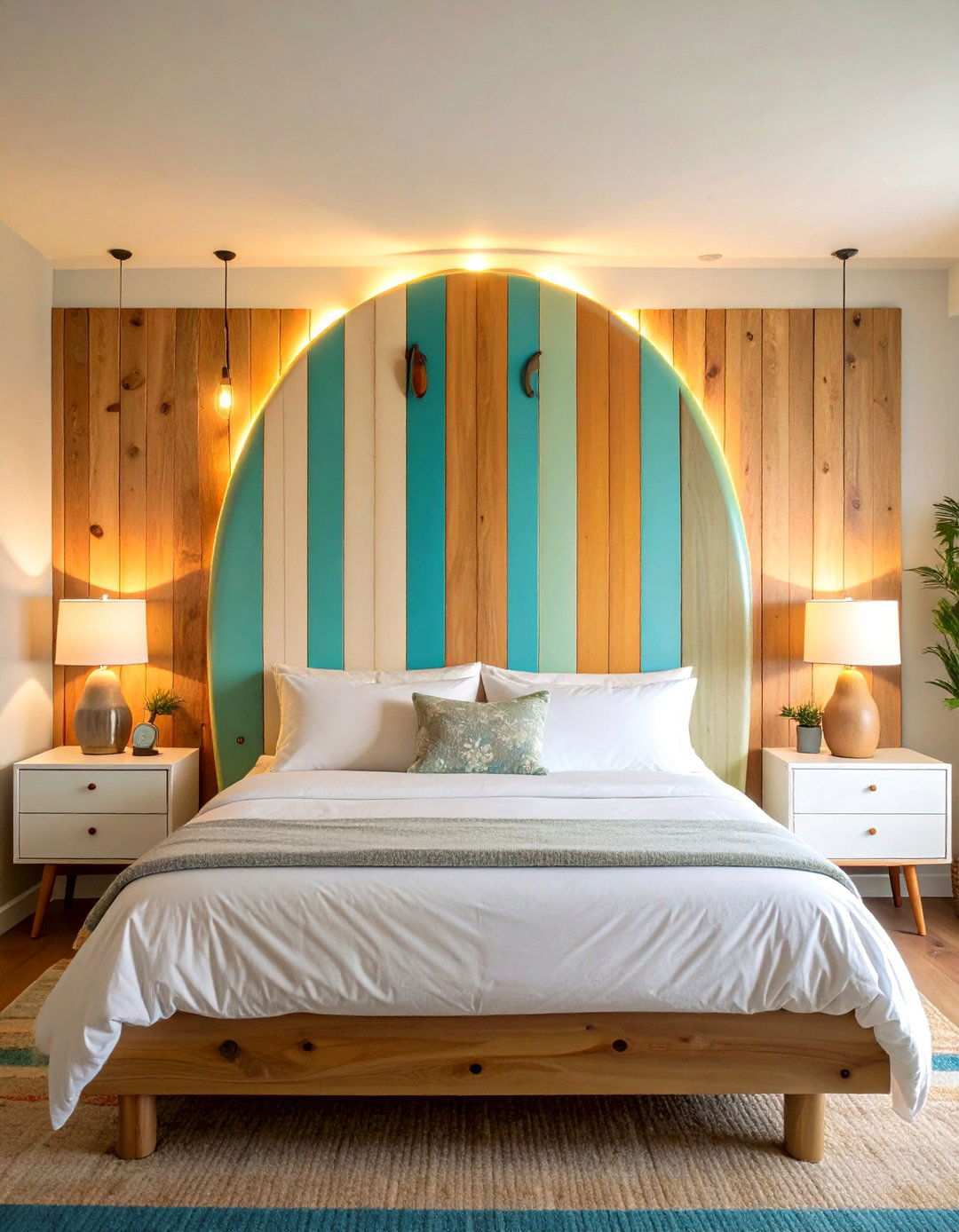 Surfboard Headboard Becomes a Playful Focal Point in a Beach Bedroom - 20 Beach Themed Bedroom Ideas