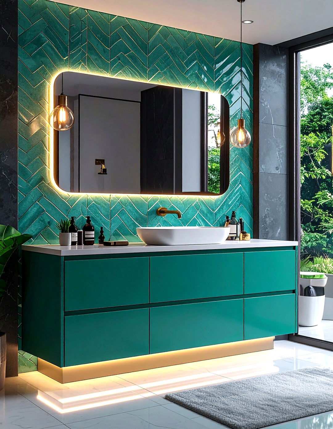 Teal Green Vanity Glowing Under LED Undermounts - 20 Bathroom With Green Vanity