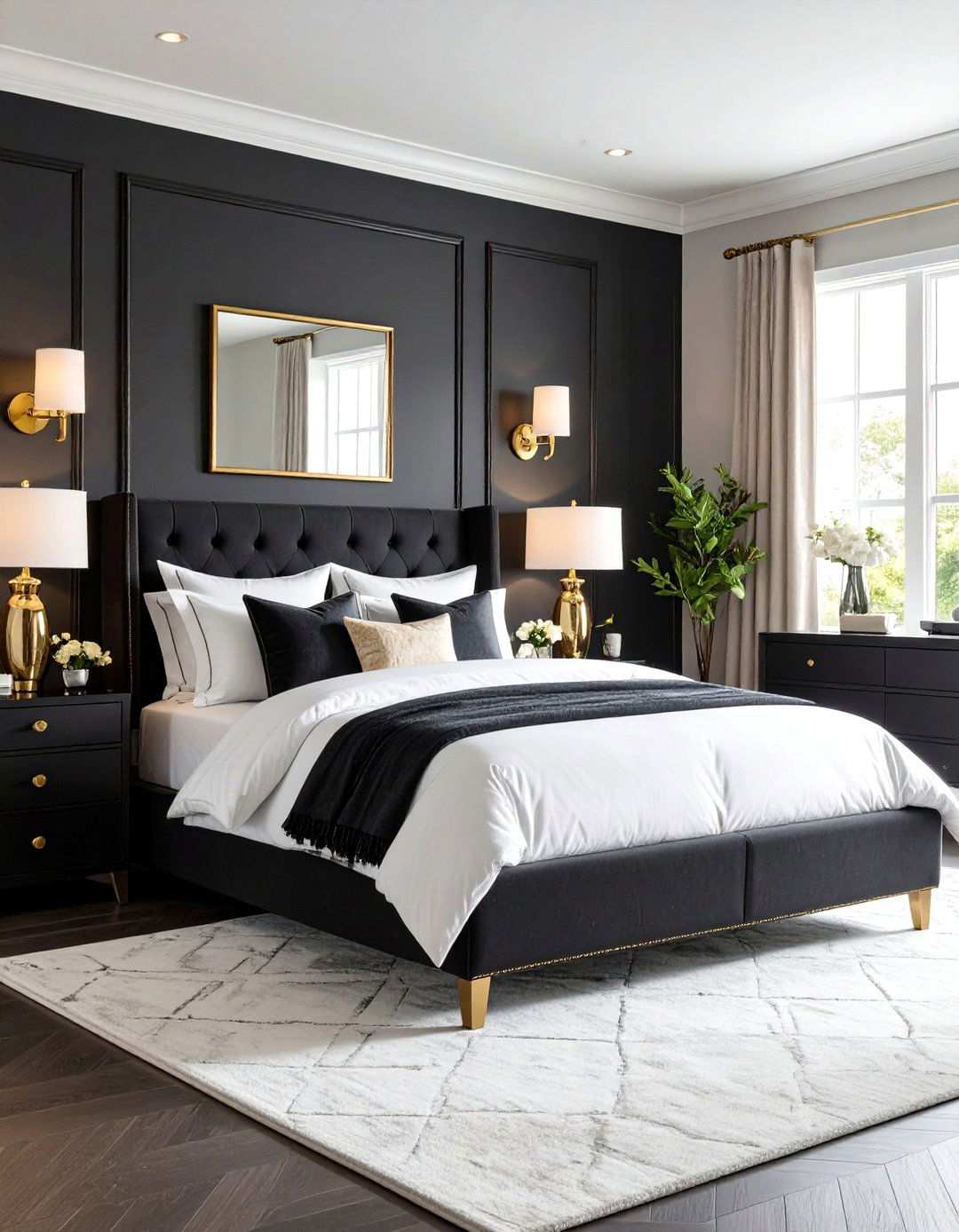 Temper the Scheme with Metallic Accents - 20 Black and White Bedroom Ideas