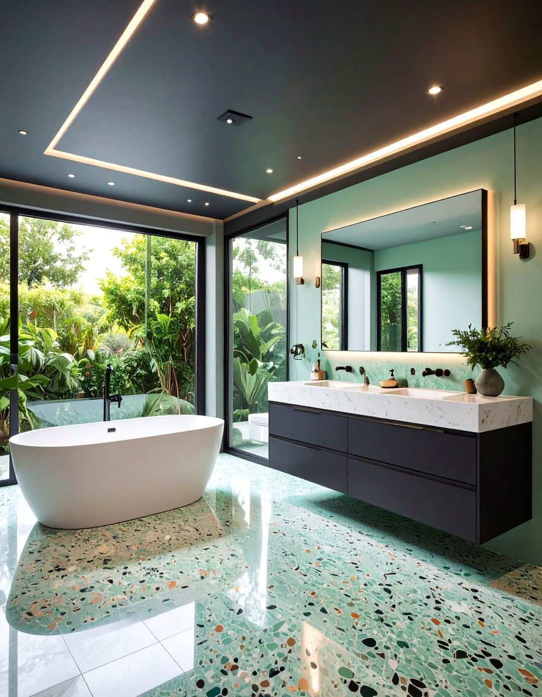 Terrazzo Green Flooring Under Jet Black Ceilings - 20 Black and Green Bathroom Ideas