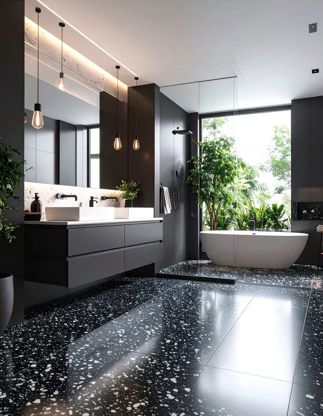 Terrazzo Speckles for Subtle Movement - 20 Black Bathroom Ideas