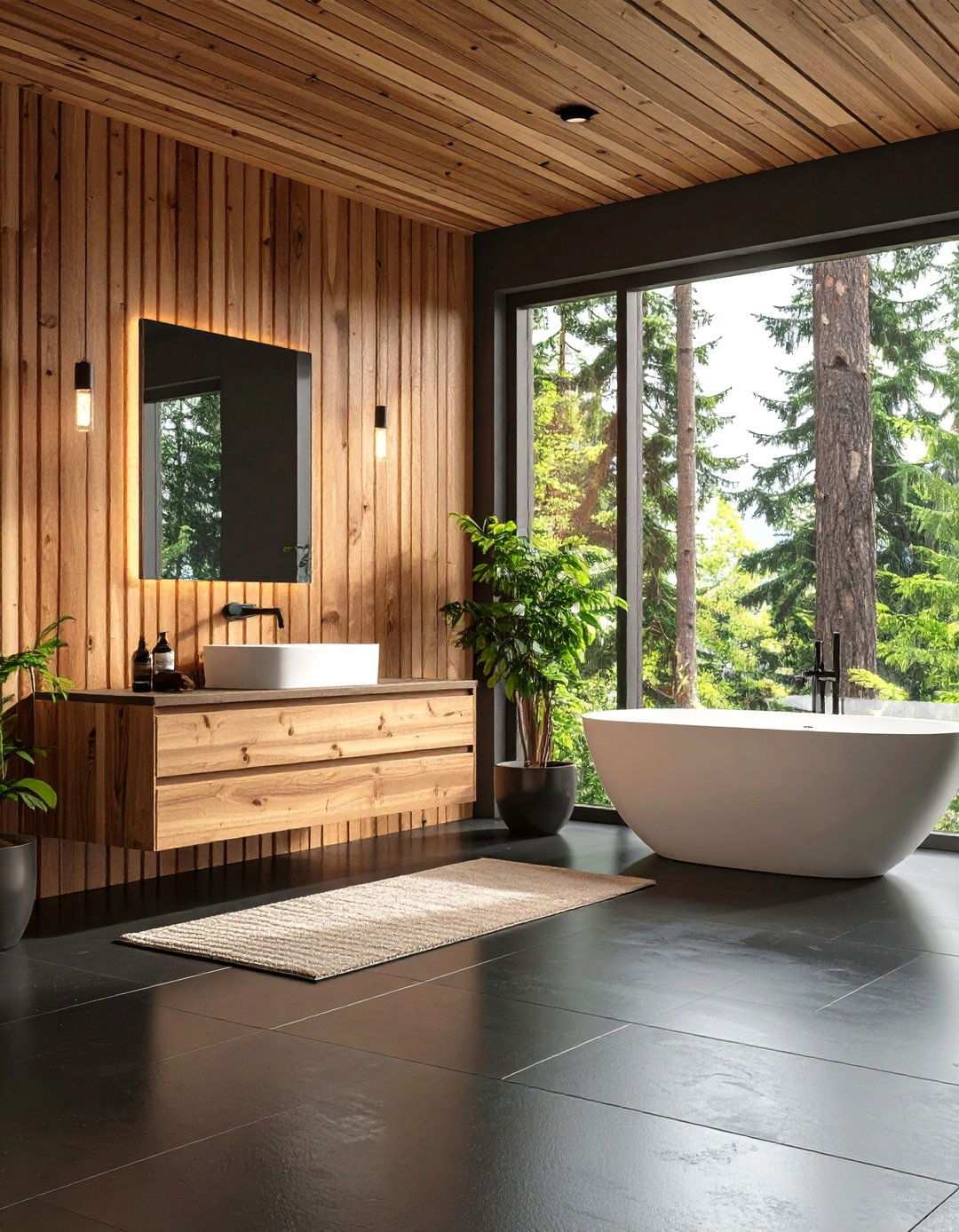 Timber Touches to Warm the Darkness - 20 Black Floor Bathroom Ideas