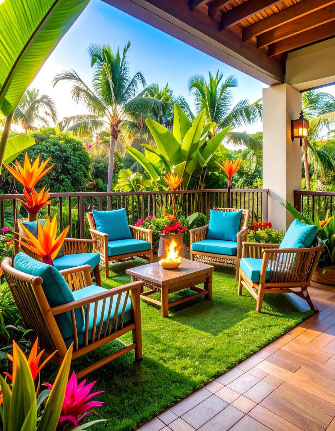 Tropical Oasis Theme Artificial Grass Design - 20 Artificial Grass Balcony Design