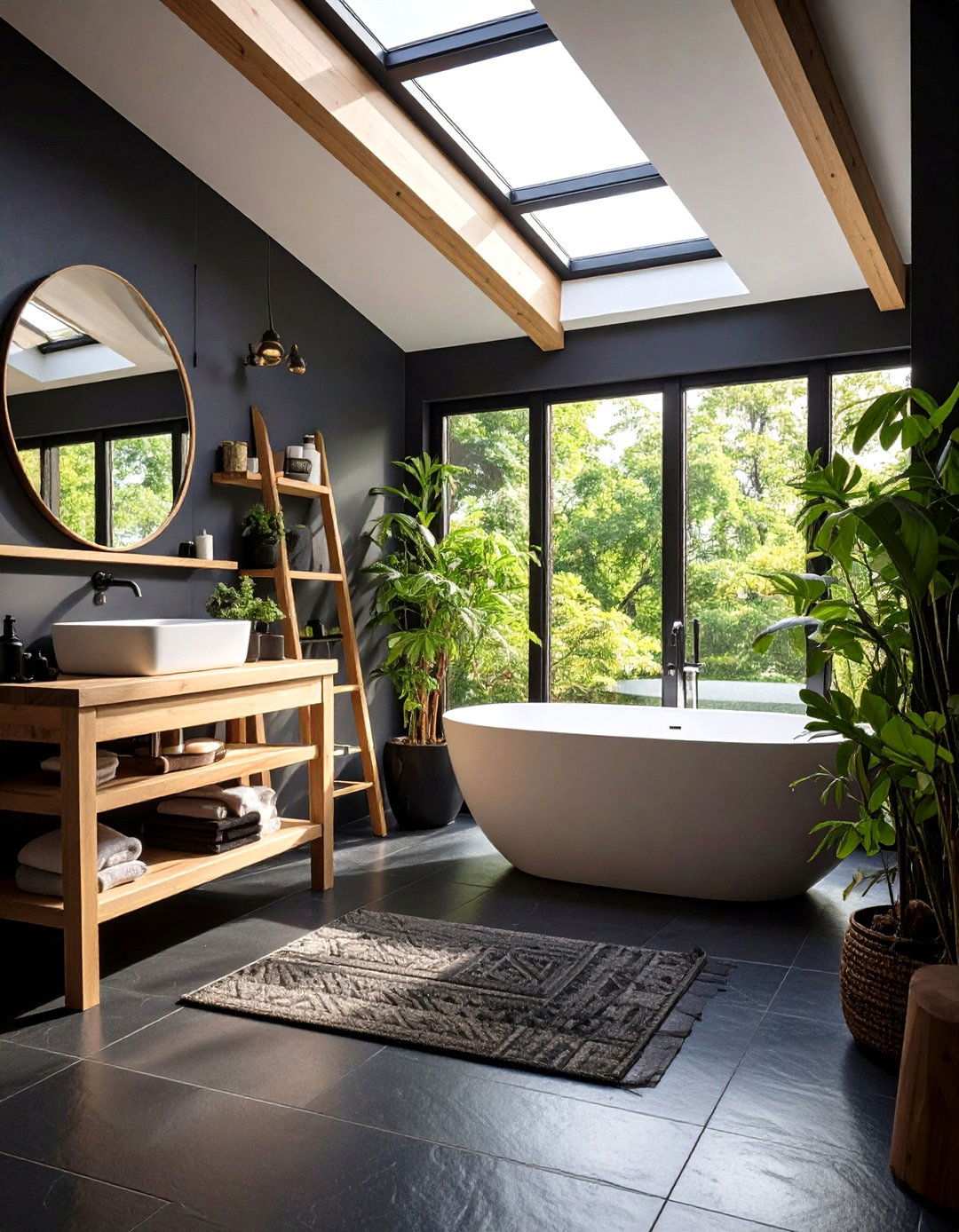 Tropical Retreat Black Slate Floor with Bamboo Accessories - 20 Black and Wood Bathroom Ideas