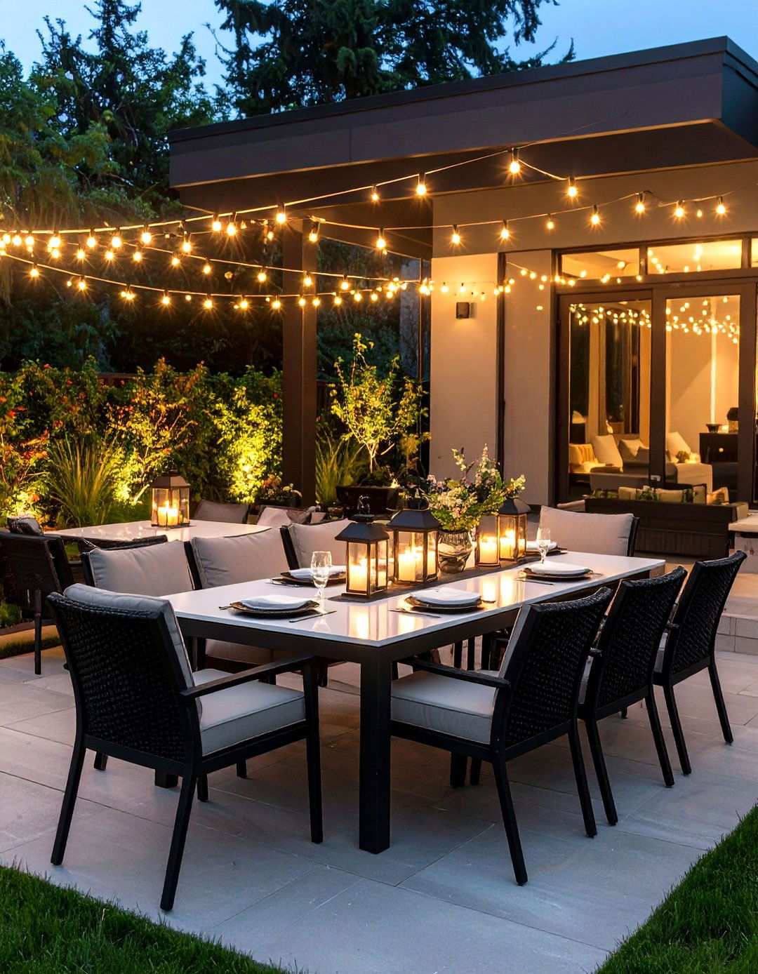 Twinkle Light Canopy for Evening Glamour - 20 Black and White Patio Ideas
