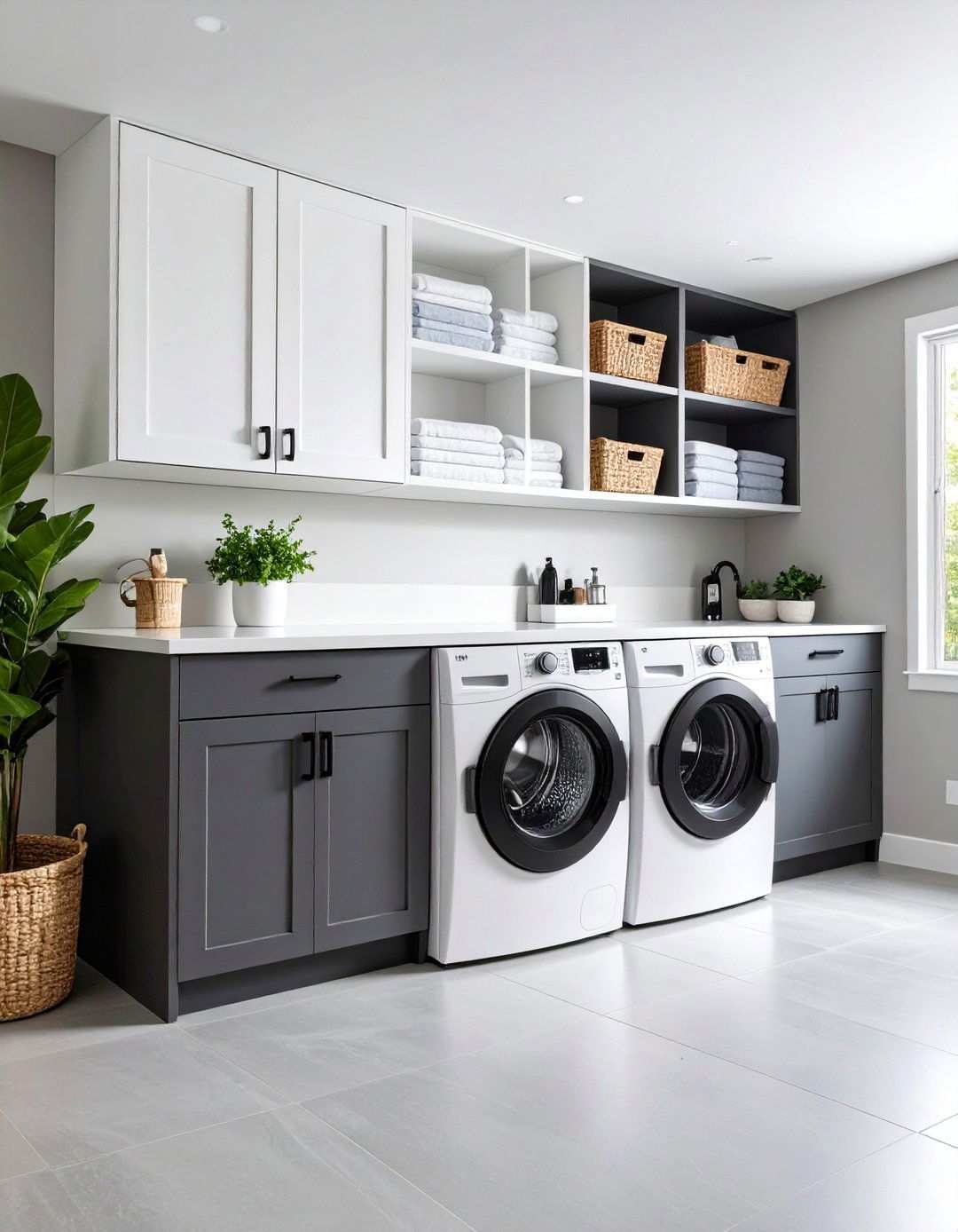 Two Tone Cabinetry for Visual Balance - 20 Black and White Laundry Room Ideas