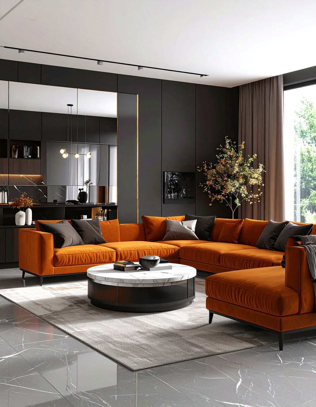 Velvet Burnt Orange Sectional - 20 Black and Orange Living Room Ideas