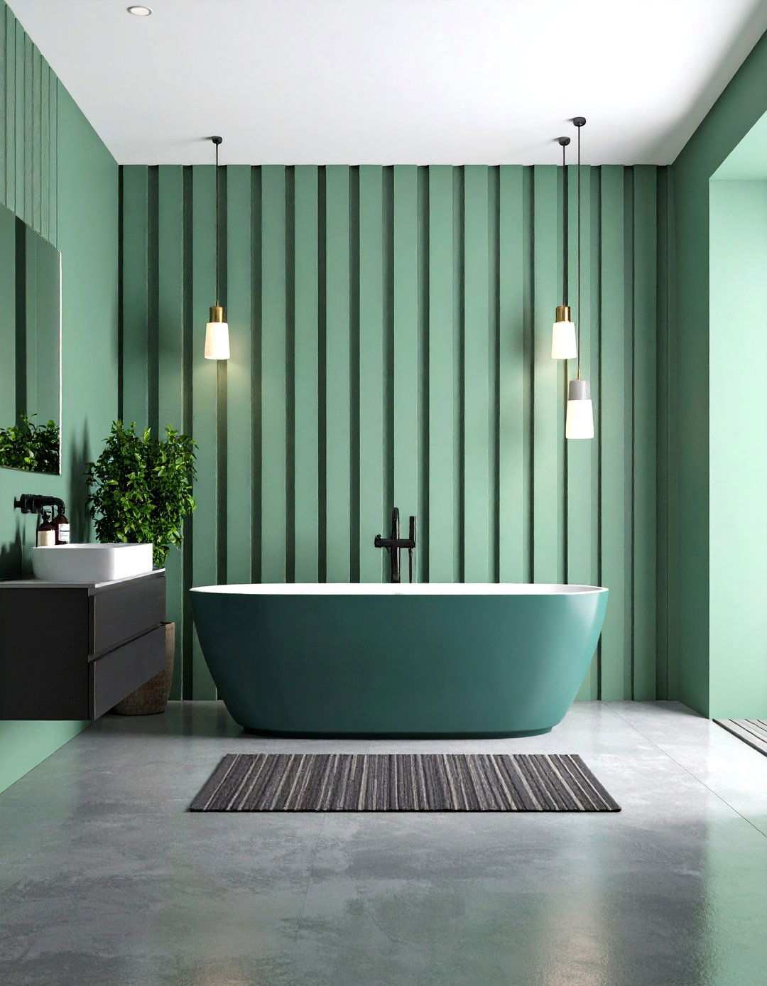 Vertical Mint Stripes over Coal Floor to Add Height - 20 Black and Green Bathroom Ideas