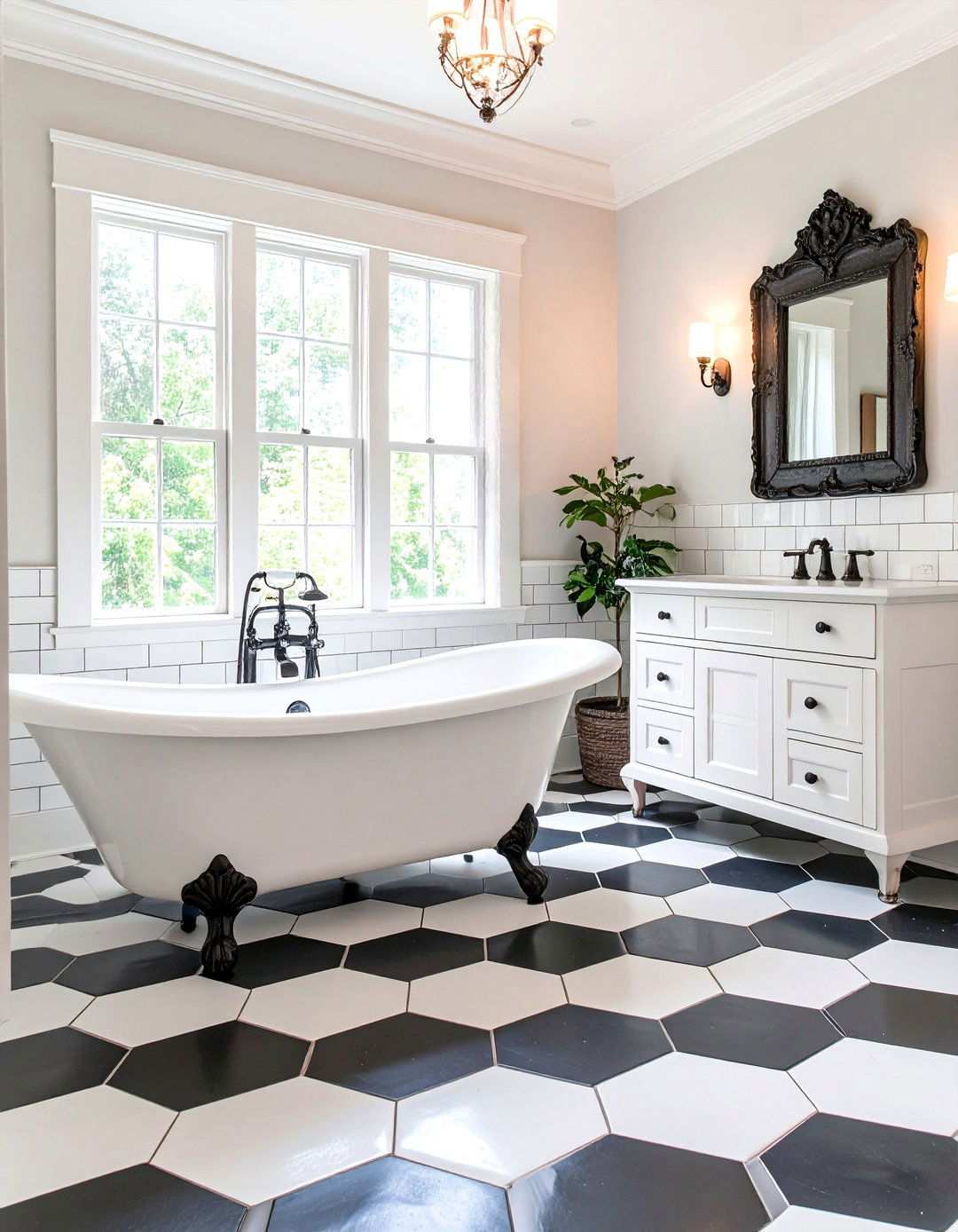 Vintage Style Hexagon Rosette Bathroom With Hexagon Tile Floor - 20 Bathrooms With Hexagon Tile Floors