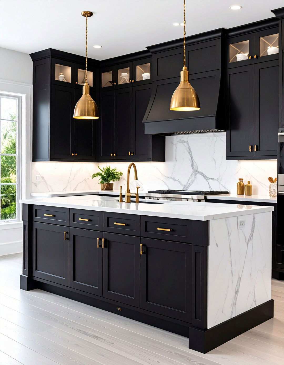 Warm Metallic Accents on Black Kitchen Cabinets - 20 Black Kitchen Cabinets With White Countertops