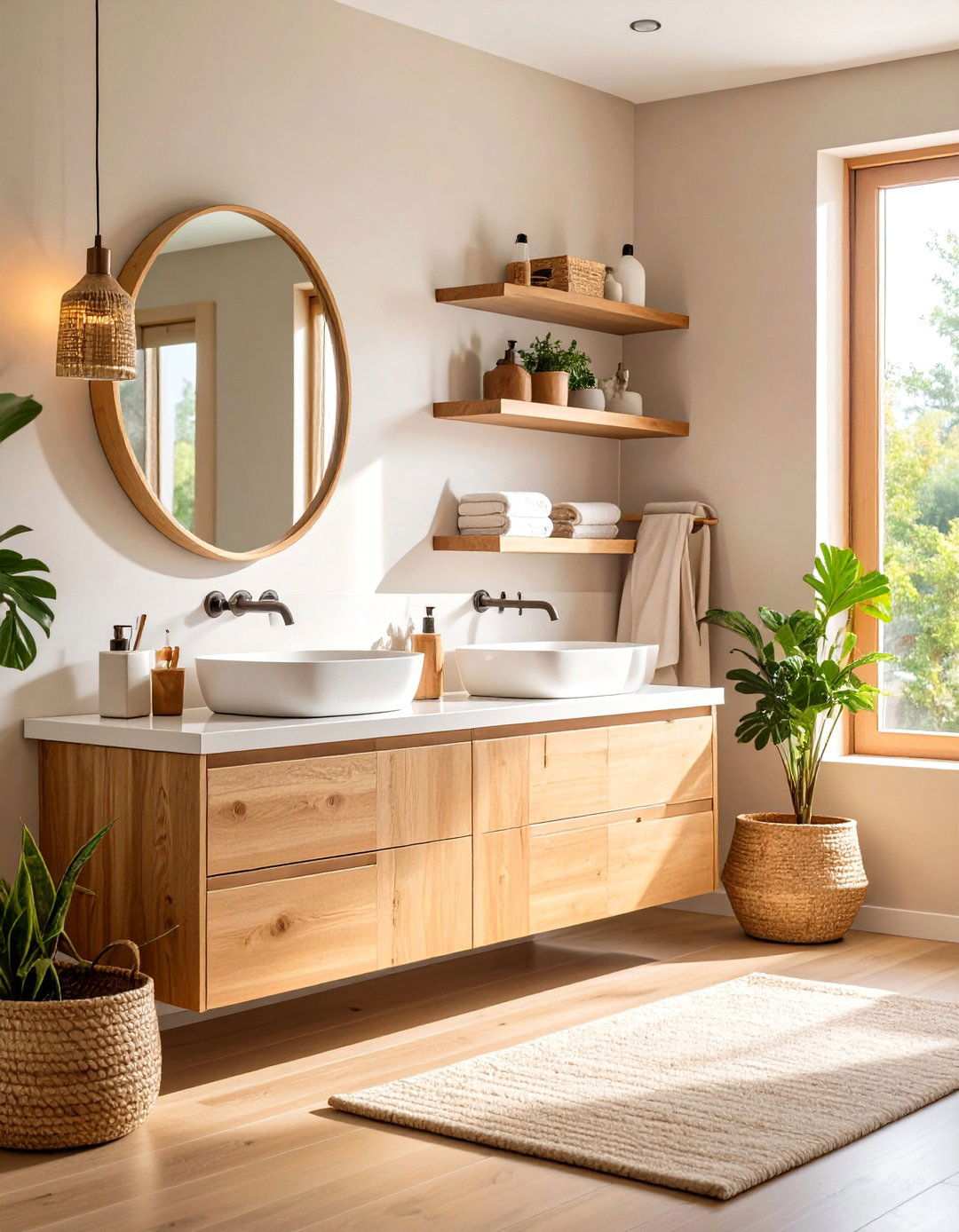 Warm Wood Vanity in a Beige and White Bathroom - 20 Beige and White Bathroom Ideas