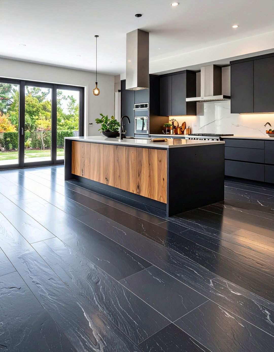 Waterproof LVT Slate Look Black Kitchen Floor - 20 Black Kitchen Floor Ideas