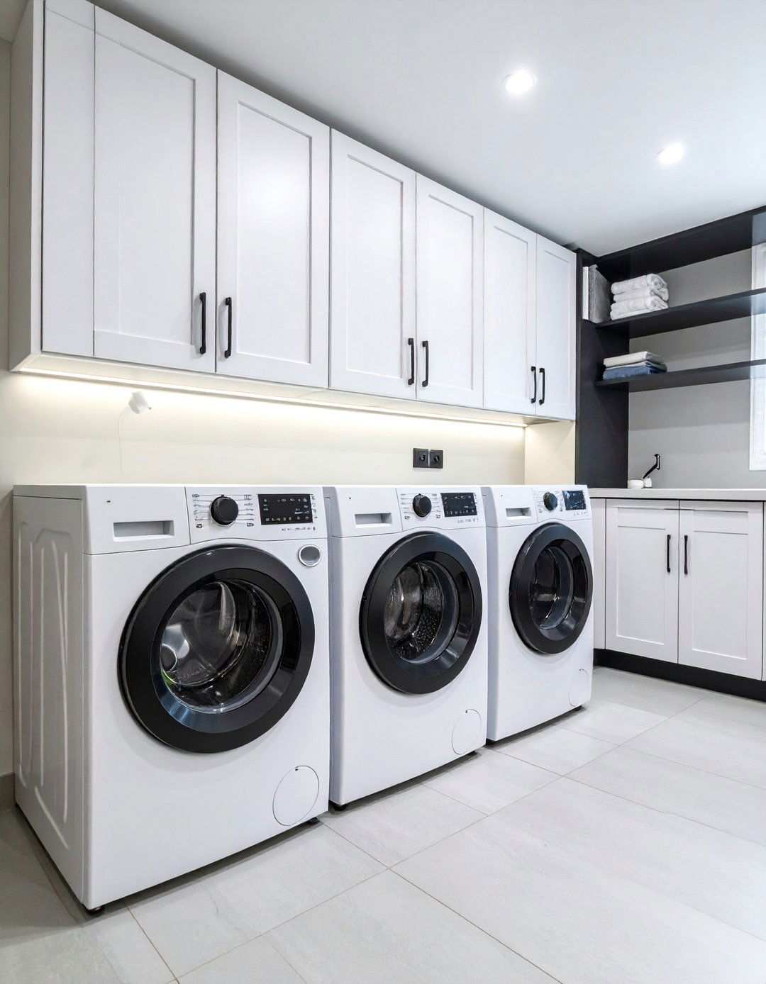 White Cabinets with Striking Black Hardware - 20 Black and White Laundry Room Ideas