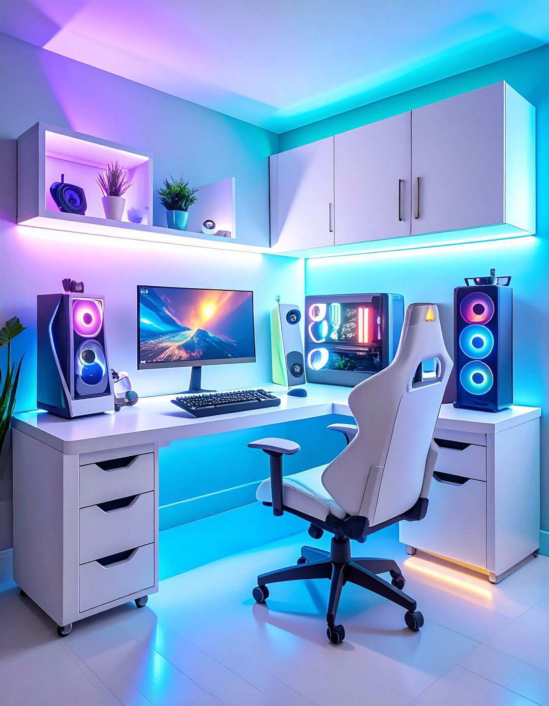 White Gaming Setup with Built in Storage Solutions - 20 All White Gaming Setup Ideas