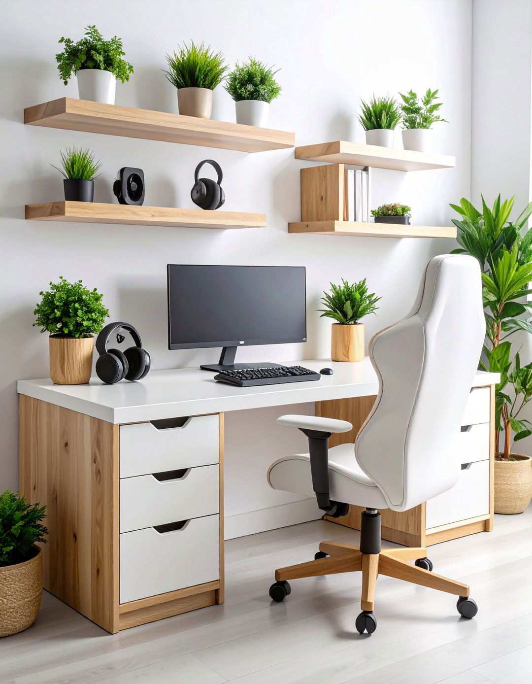 White Gaming Setup with Natural Wood Accents - 20 All White Gaming Setup Ideas