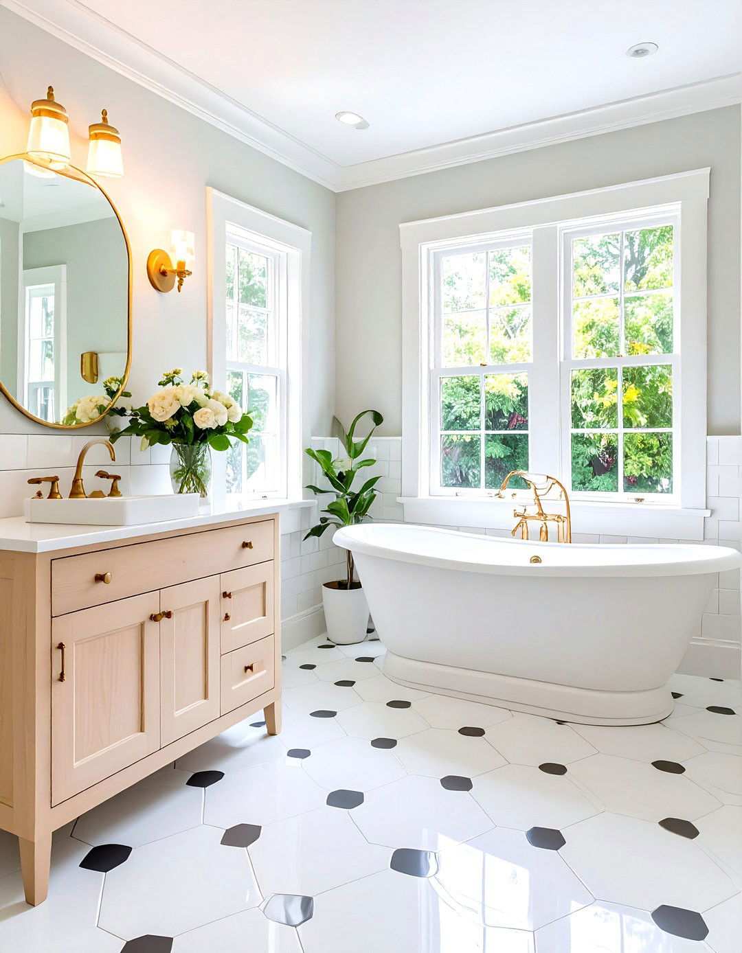 White Hexagon with Black Dot Bathroom With Hexagon Tile Floor - 20 Bathrooms With Hexagon Tile Floors