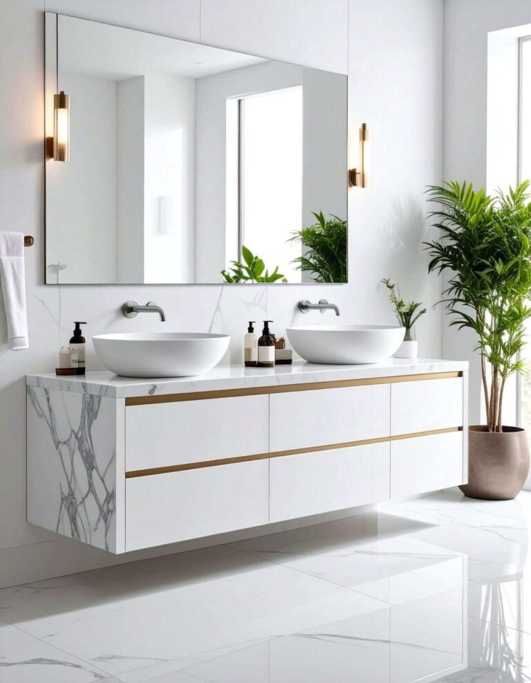 White Marble Bathroom Countertop with Dramatic Veining - 20 Bathroom Countertop Ideas