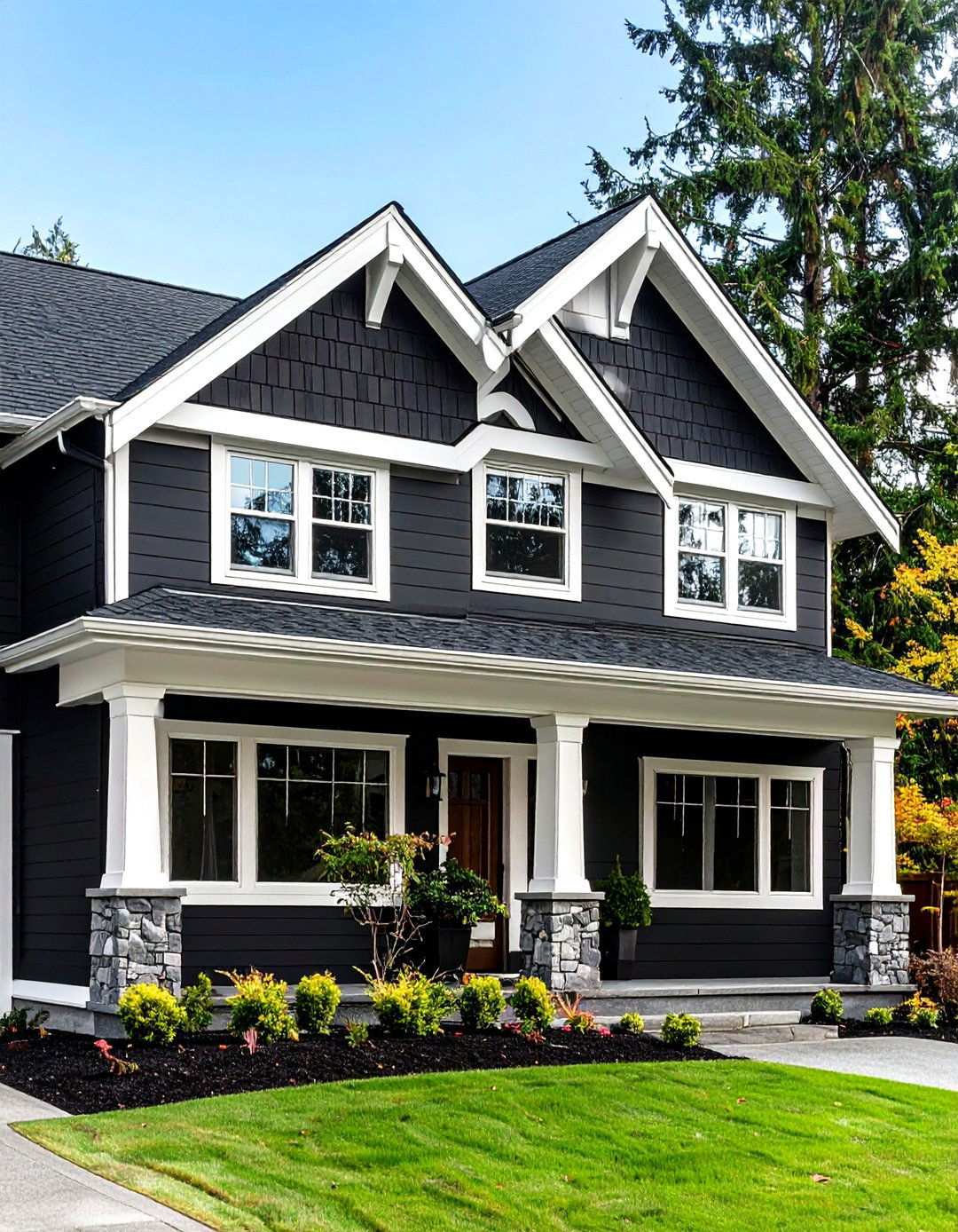 White Soffits and Trim for High Contrast Elegance - 20 Black Modern Farmhouse Exterior Design Ideas