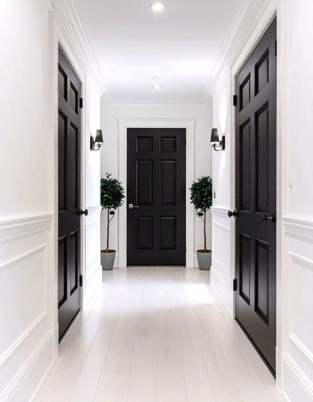 White Walls Paired with Black Doors - 20 Black and White Hallway Ideas