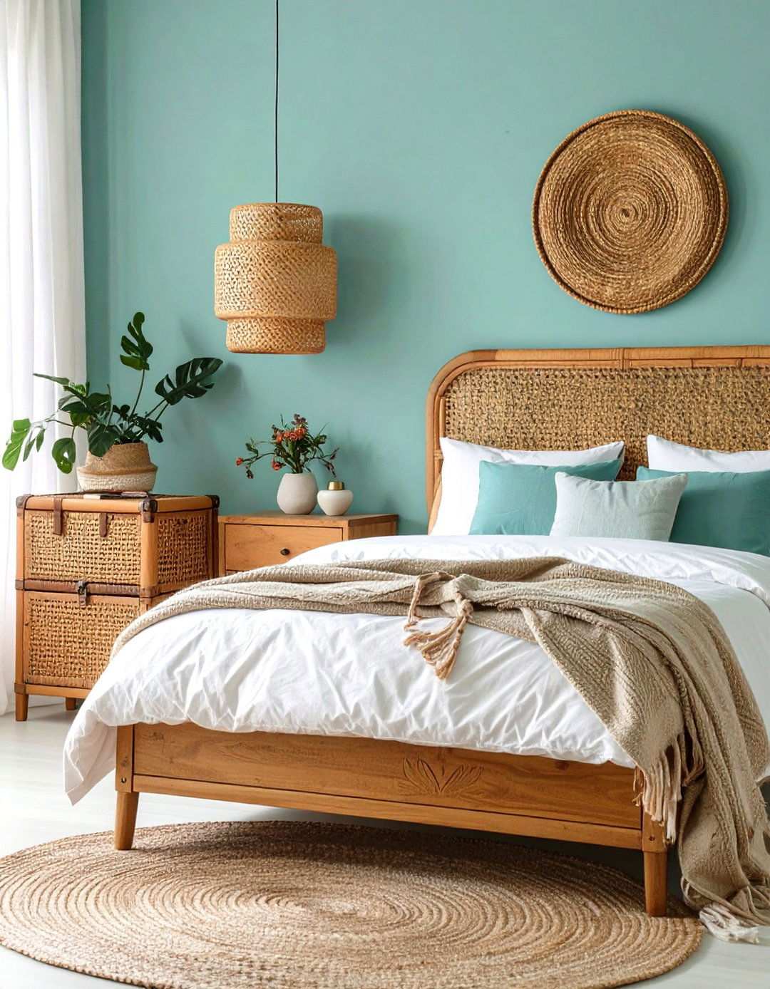 Wicker and Rattan Pieces Ground a Relaxed Beach Bedroom - 20 Beach Themed Bedroom Ideas
